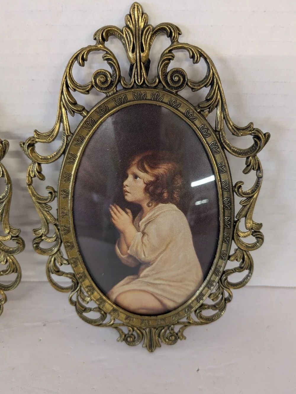 Vintage Pictures In Gold Ornate Oval Wall Children Praying (Set of 2)